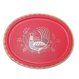 Vintage Fabcraft MCM 60s Peacock Coral Red Metal Tray